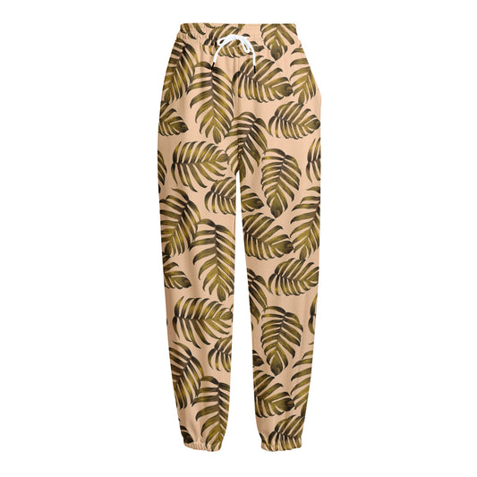 Yellow Monstera Leaves Pattern Print Fleece Lined Knit Pants
