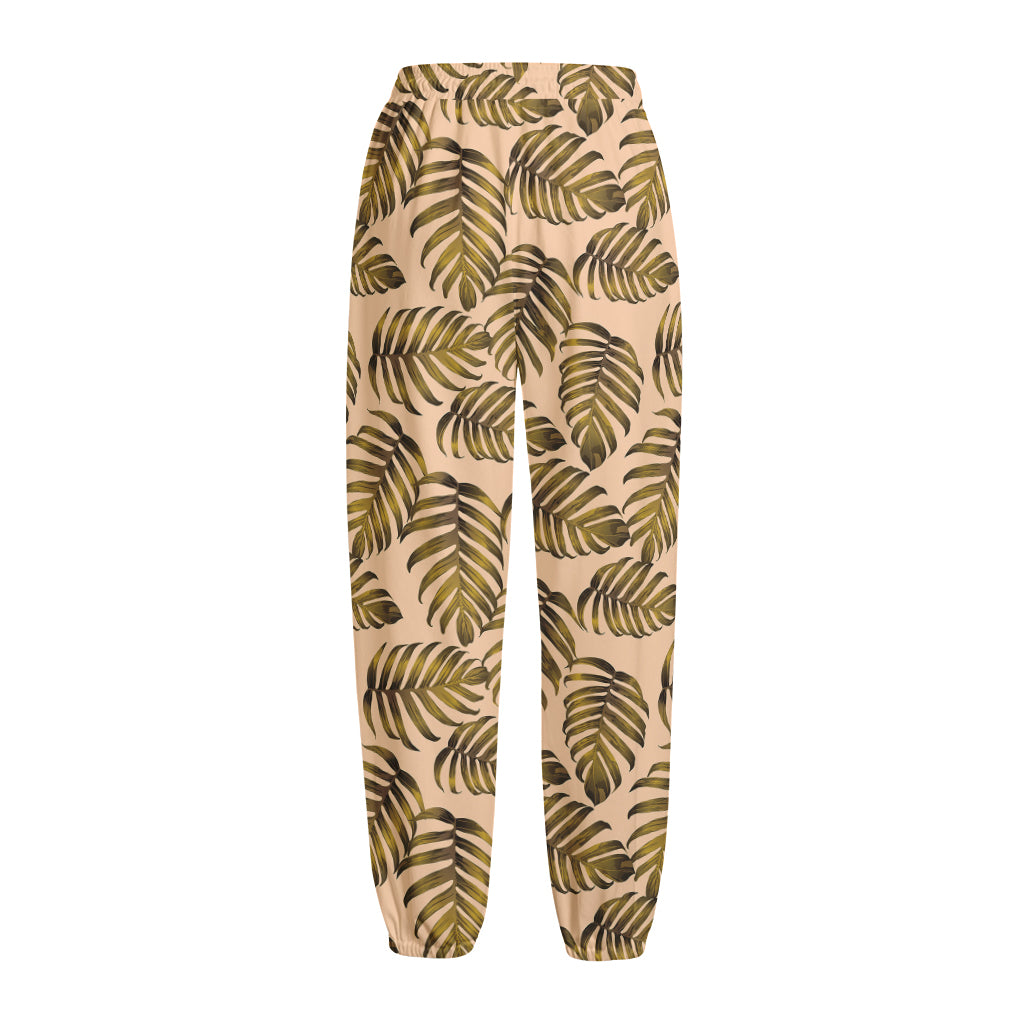 Yellow Monstera Leaves Pattern Print Fleece Lined Knit Pants