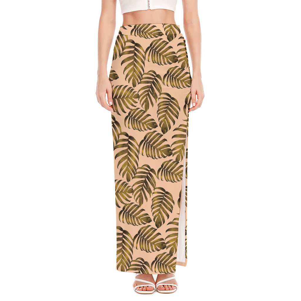 Yellow Monstera Leaves Pattern Print High Slit Maxi Skirt