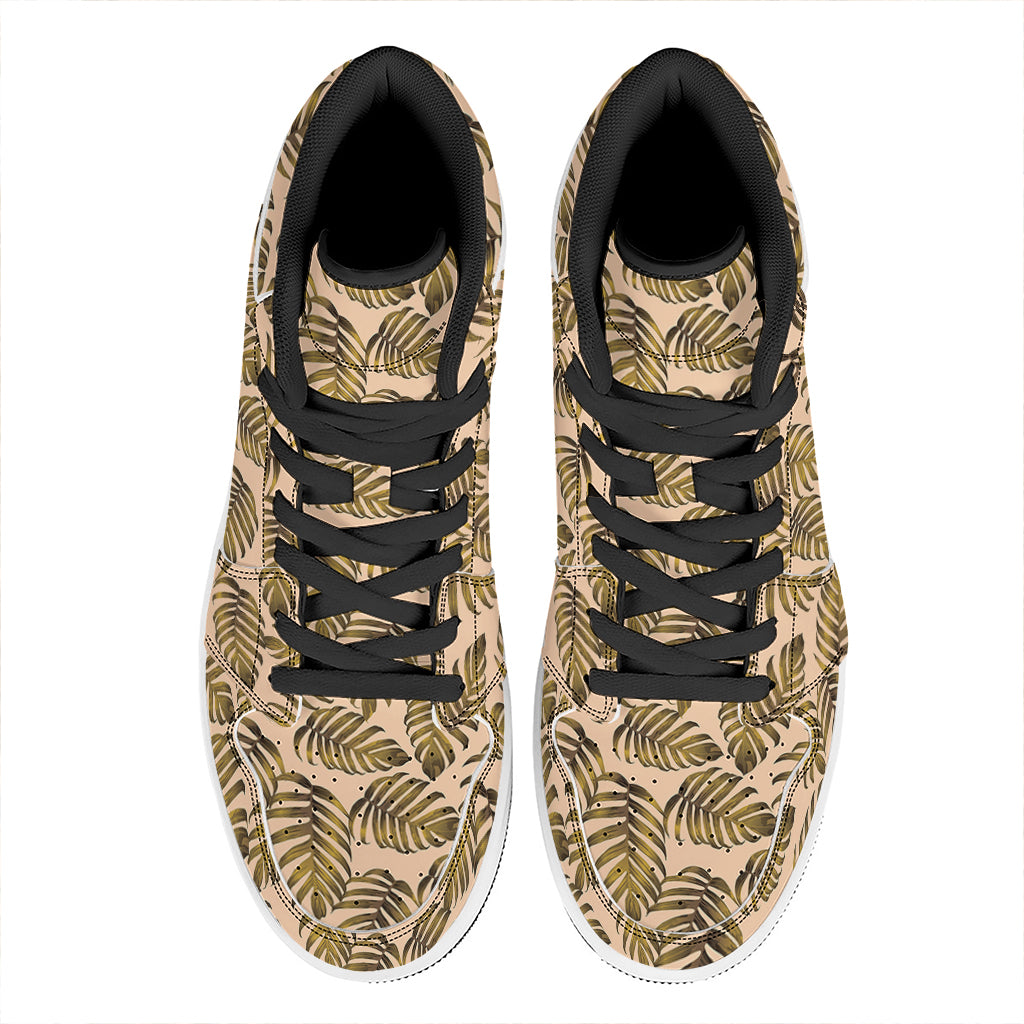 Yellow Monstera Leaves Pattern Print High Top Leather Sneakers