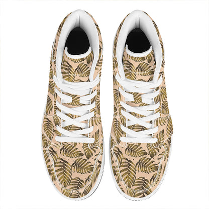 Yellow Monstera Leaves Pattern Print High Top Leather Sneakers