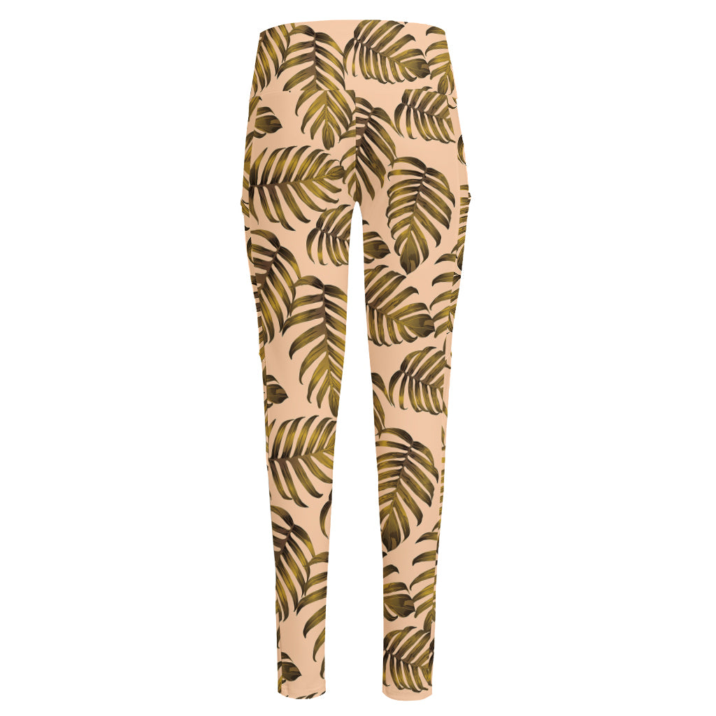 Yellow Monstera Leaves Pattern Print High-Waisted Pocket Leggings