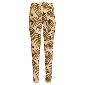 Yellow Monstera Leaves Pattern Print High-Waisted Pocket Leggings