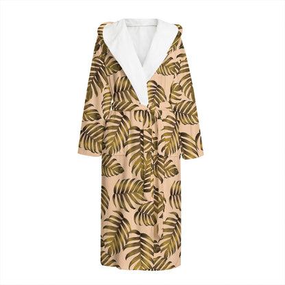 Yellow Monstera Leaves Pattern Print Hooded Bathrobe