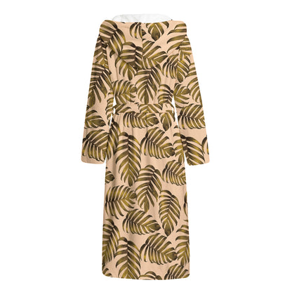 Yellow Monstera Leaves Pattern Print Hooded Bathrobe