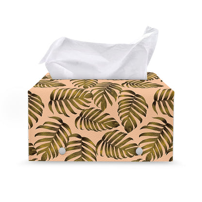 Yellow Monstera Leaves Pattern Print Leather Tissue Box Cover