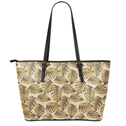 Yellow Monstera Leaves Pattern Print Leather Tote Bag