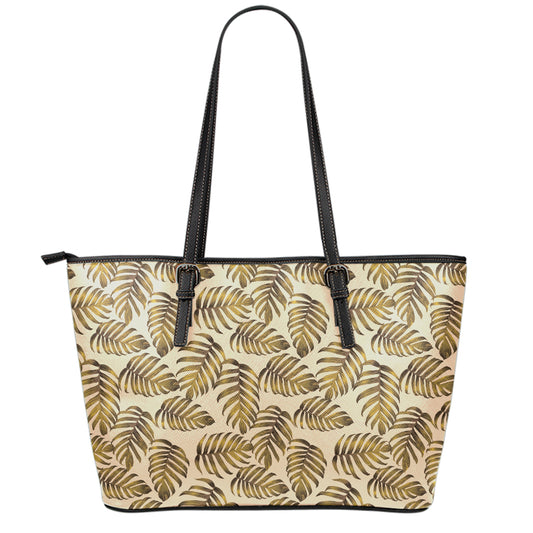 Yellow Monstera Leaves Pattern Print Leather Tote Bag