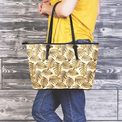 Yellow Monstera Leaves Pattern Print Leather Tote Bag