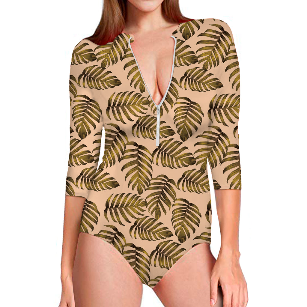 Yellow Monstera Leaves Pattern Print Long Sleeve Swimsuit