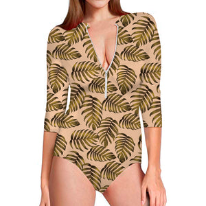 Yellow Monstera Leaves Pattern Print Long Sleeve Swimsuit