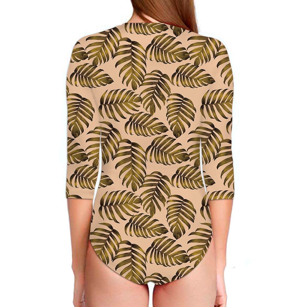 Yellow Monstera Leaves Pattern Print Long Sleeve Swimsuit