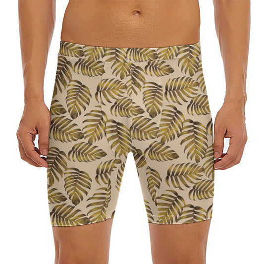 Yellow Monstera Leaves Pattern Print Men's Long Boxer Briefs