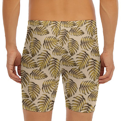 Yellow Monstera Leaves Pattern Print Men's Long Boxer Briefs