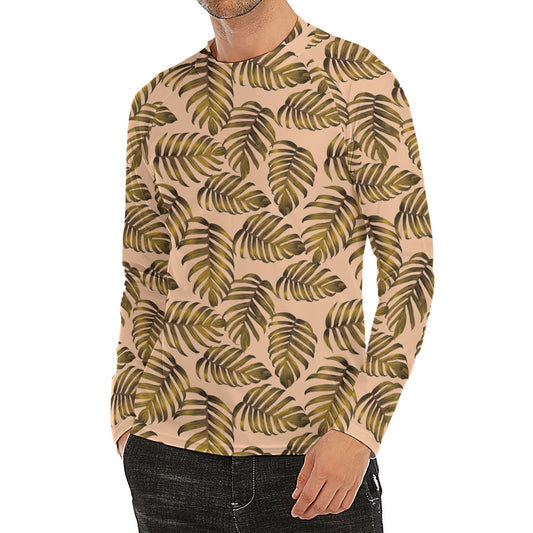 Yellow Monstera Leaves Pattern Print Men's Long Sleeve Rash Guard