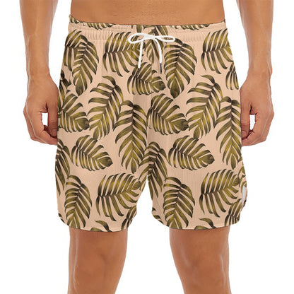 Yellow Monstera Leaves Pattern Print Men's Split Running Shorts