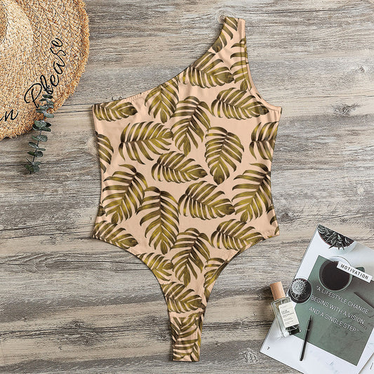 Yellow Monstera Leaves Pattern Print One Shoulder Bodysuit