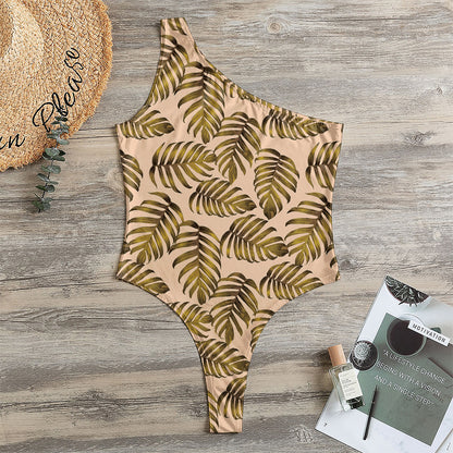 Yellow Monstera Leaves Pattern Print One Shoulder Bodysuit