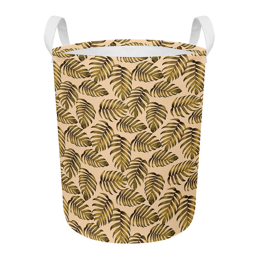 Yellow Monstera Leaves Pattern Print Round Laundry Basket