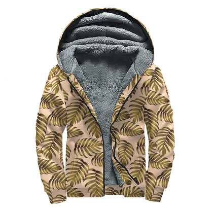 Yellow Monstera Leaves Pattern Print Sherpa Lined Zip Up Hoodie