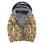 Yellow Monstera Leaves Pattern Print Sherpa Lined Zip Up Hoodie