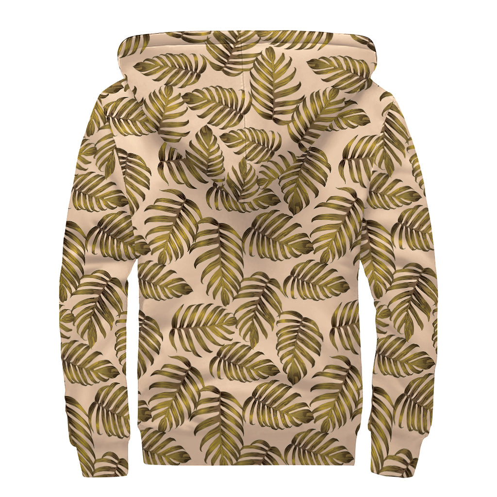 Yellow Monstera Leaves Pattern Print Sherpa Lined Zip Up Hoodie
