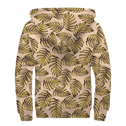 Yellow Monstera Leaves Pattern Print Sherpa Lined Zip Up Hoodie