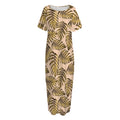 Yellow Monstera Leaves Pattern Print Short Sleeve Long Nightdress