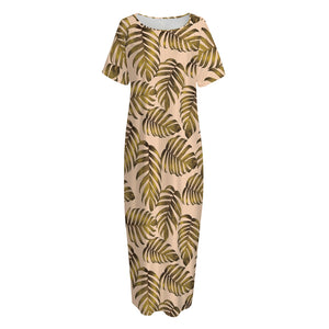 Yellow Monstera Leaves Pattern Print Short Sleeve Long Nightdress