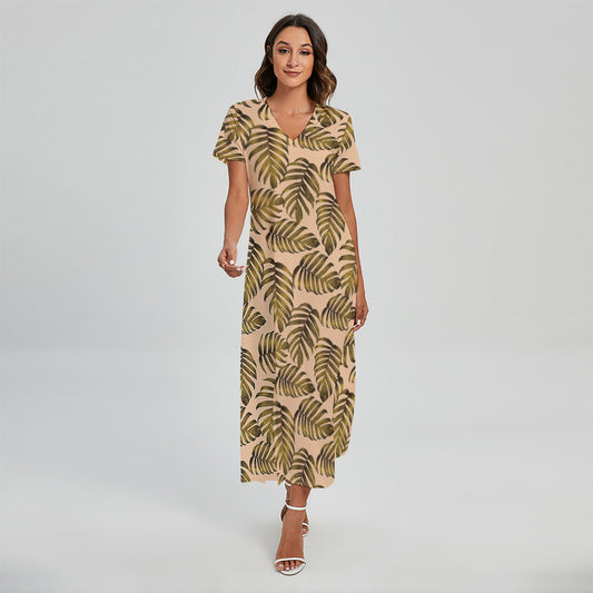 Yellow Monstera Leaves Pattern Print Short Sleeve Maxi Dress