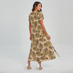 Yellow Monstera Leaves Pattern Print Short Sleeve Maxi Dress