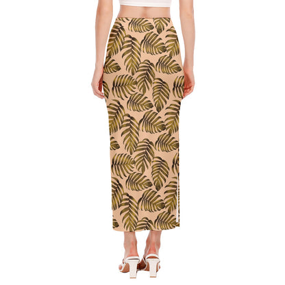 Yellow Monstera Leaves Pattern Print Side Slit Maxi Skirt