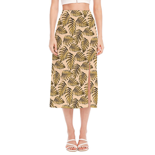 Yellow Monstera Leaves Pattern Print Side Slit Midi Skirt