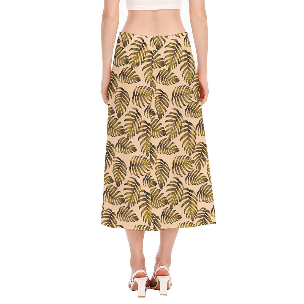 Yellow Monstera Leaves Pattern Print Side Slit Midi Skirt