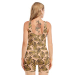 Yellow Monstera Leaves Pattern Print Sleeveless One Piece Swimsuit