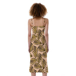 Yellow Monstera Leaves Pattern Print Slim Fit Midi Cami Dress