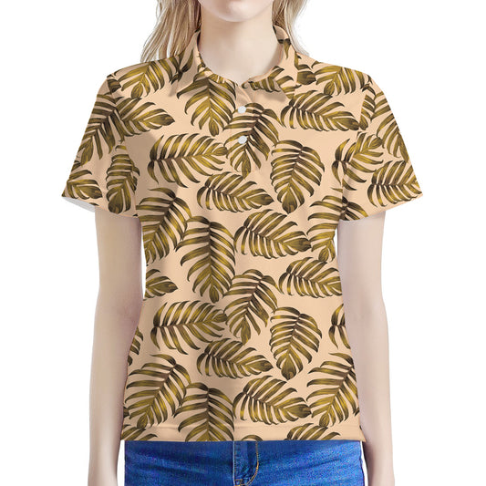 Yellow Monstera Leaves Pattern Print Women's Polo Shirt