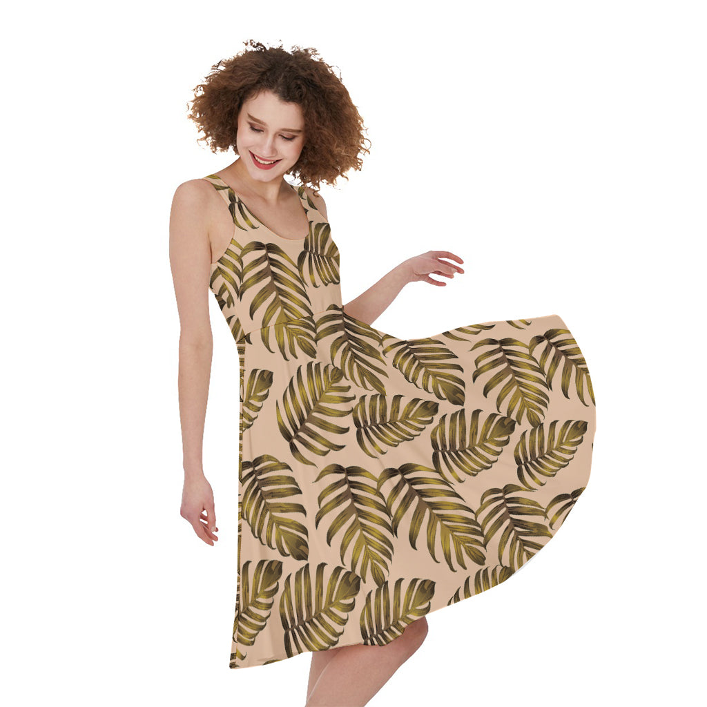 Yellow Monstera Leaves Pattern Print Women's Sleeveless Dress