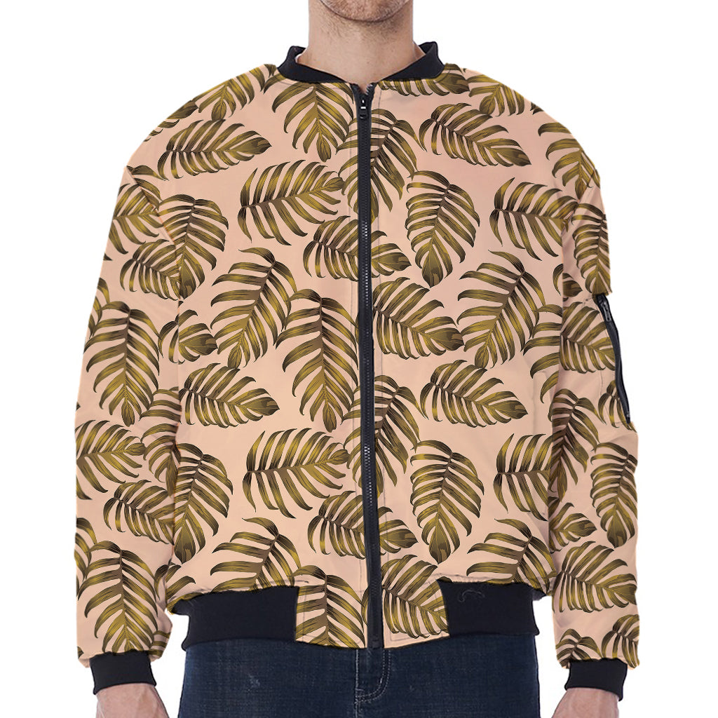 Yellow Monstera Leaves Pattern Print Zip Sleeve Bomber Jacket