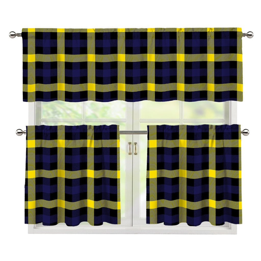 Yellow Navy And Black Plaid Print 3 Piece Kitchen Curtains