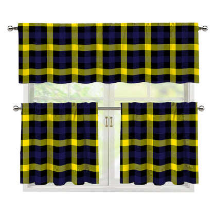 Yellow Navy And Black Plaid Print 3 Piece Kitchen Curtains