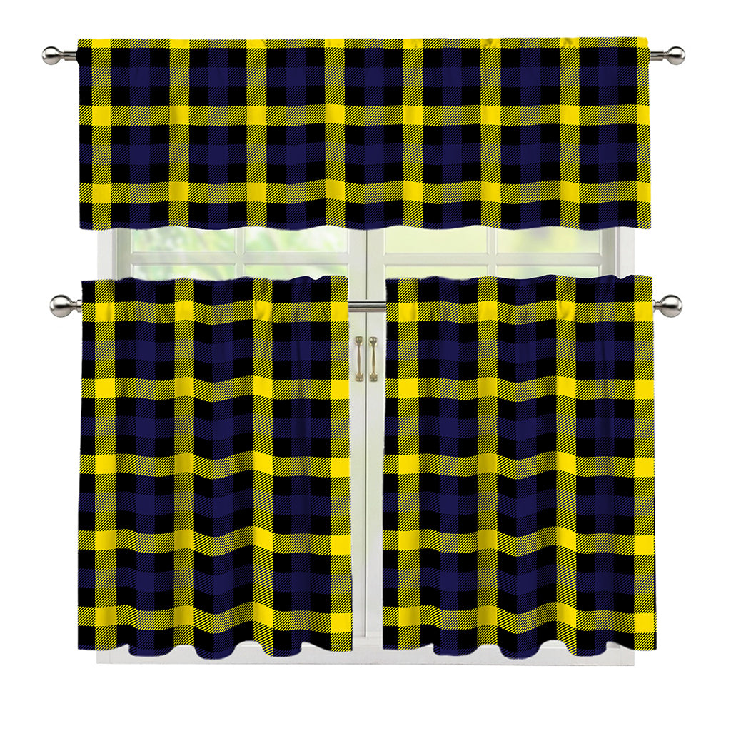 Yellow Navy And Black Plaid Print 3 Piece Kitchen Curtains