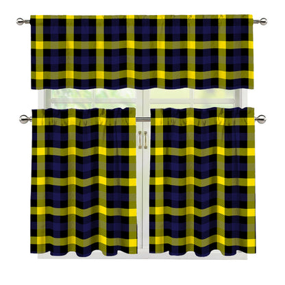 Yellow Navy And Black Plaid Print 3 Piece Kitchen Curtains