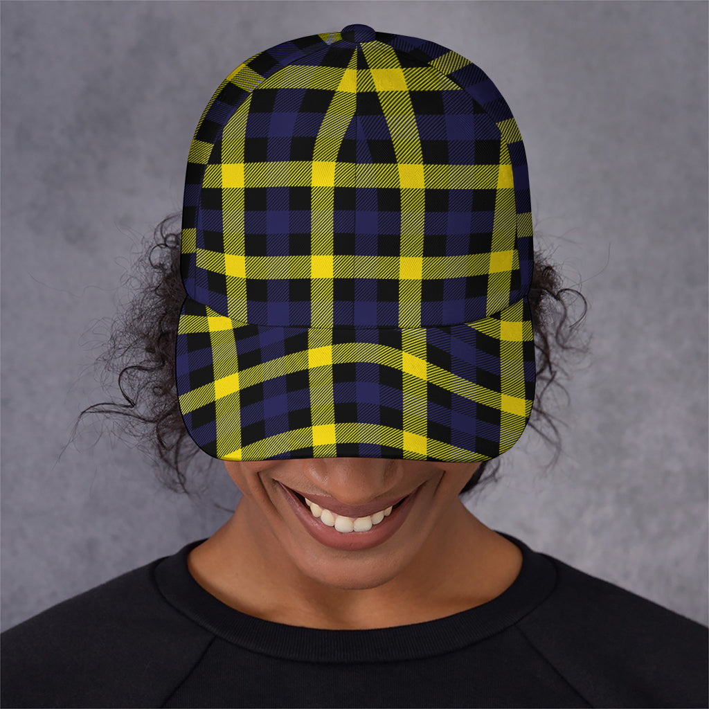 Yellow Navy And Black Plaid Print Baseball Cap