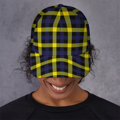 Yellow Navy And Black Plaid Print Baseball Cap