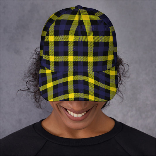 Yellow Navy And Black Plaid Print Baseball Cap