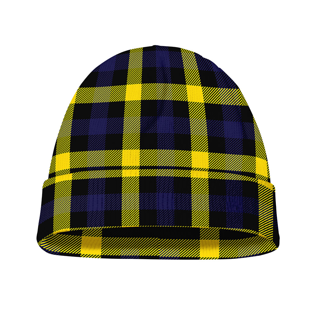Yellow Navy And Black Plaid Print Beanie
