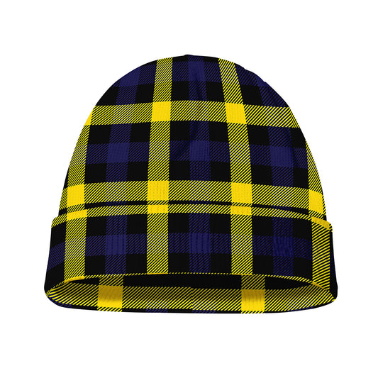 Yellow Navy And Black Plaid Print Beanie