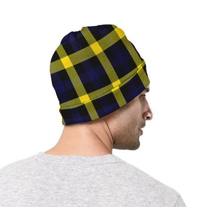 Yellow Navy And Black Plaid Print Beanie