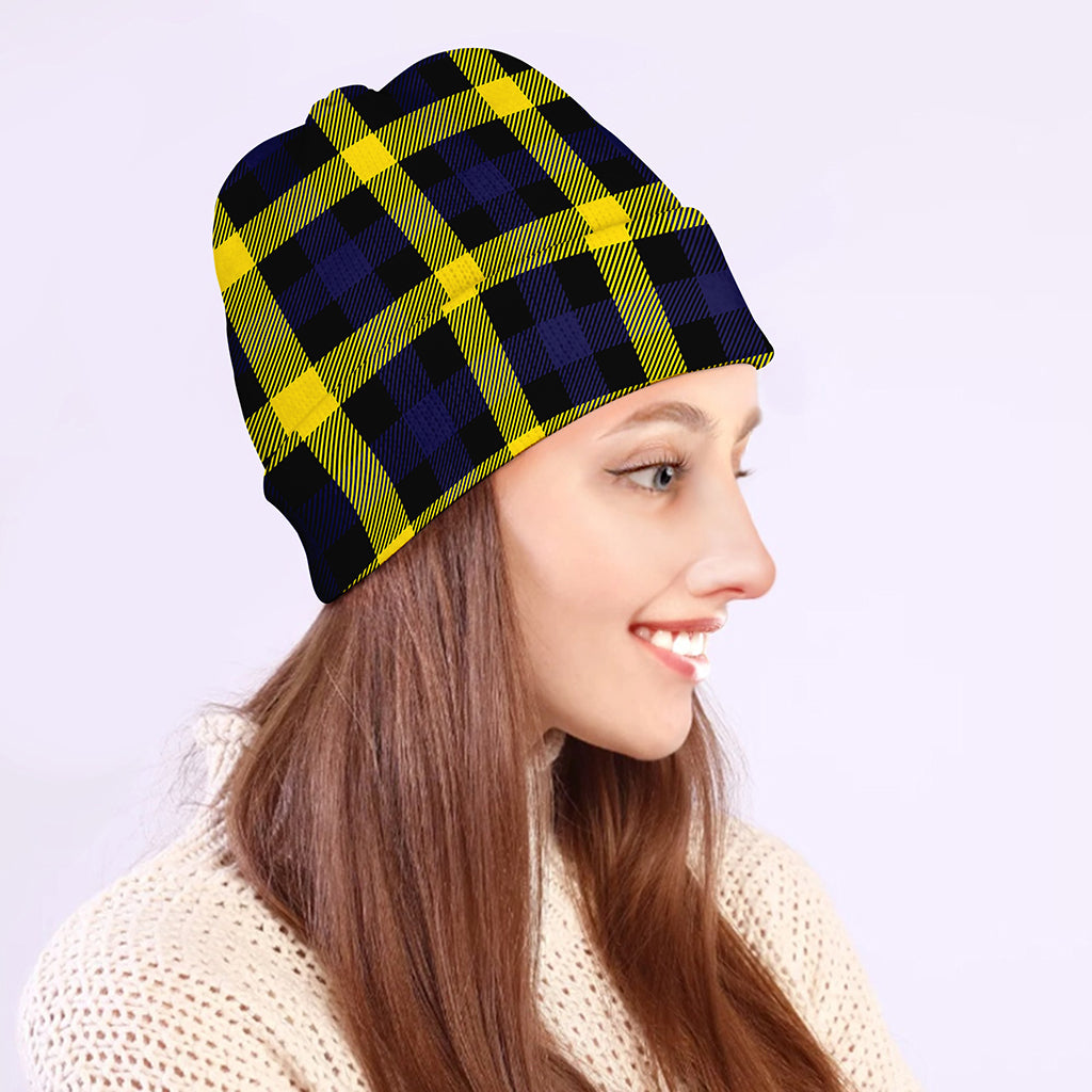 Yellow Navy And Black Plaid Print Beanie